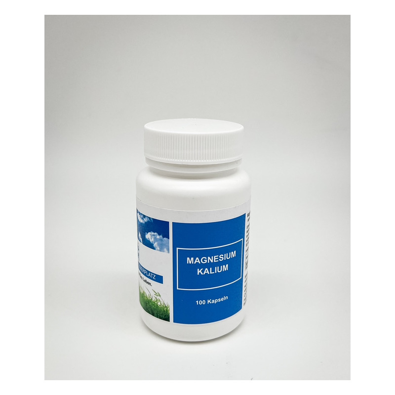 Weißer Kunststoffbehälter mit Schraubverschluss, etikettiert mit "Magnesium Kalium" und Hinweis auf 100 Kapseln.