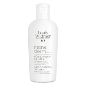 Flasche mit Körpermilch von Louis Widmer, enthält 5% Urea für trockene Haut und Neurodermitis.