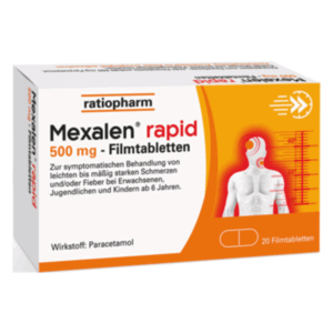 Packung Mexalen rapid 500 mg Filmtabletten zur Behandlung von Schmerzen und Fieber, mit orangefarbenem Design.
