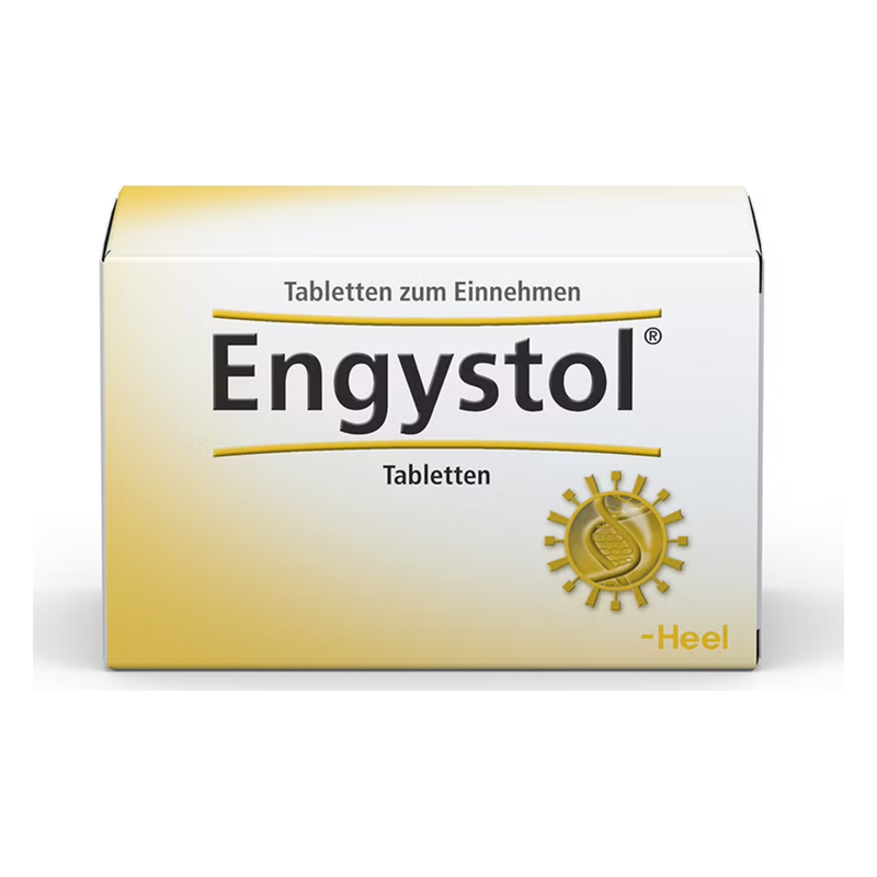 Verpackung von Engystol Tabletten zum Einnehmen in einem weißen und gelben Karton mit goldenen Akzenten.