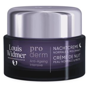 Lila Nachcreme im Glasbehälter von Louis Widmer, für normale und Mischhaut, mit Anti-Aging-Wirkung.