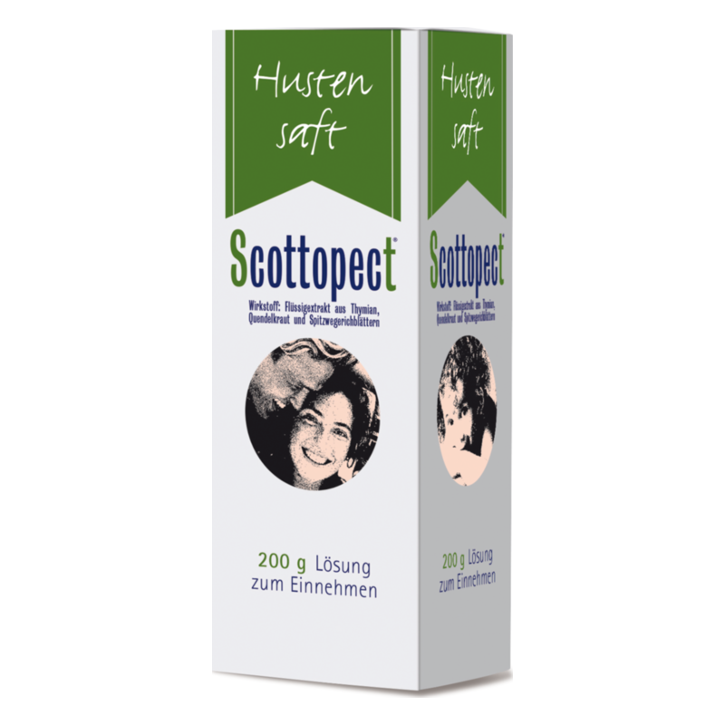 Verpackung eines Hustensafts namens Scottopect mit einem Bild von einer lächelnden Person auf der Vorderseite.