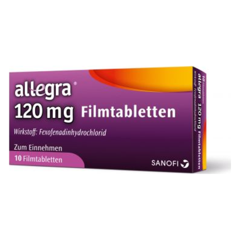 Packung mit Allegra 120 mg Filmtabletten, enthält Fexofenadinhydrochlorid, zur Einnahme.