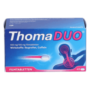 Verpackung von ThomaDUO Filmtabletten mit Ibuprofen und Coffein, zeigt personifizierte Schmerzlindung.