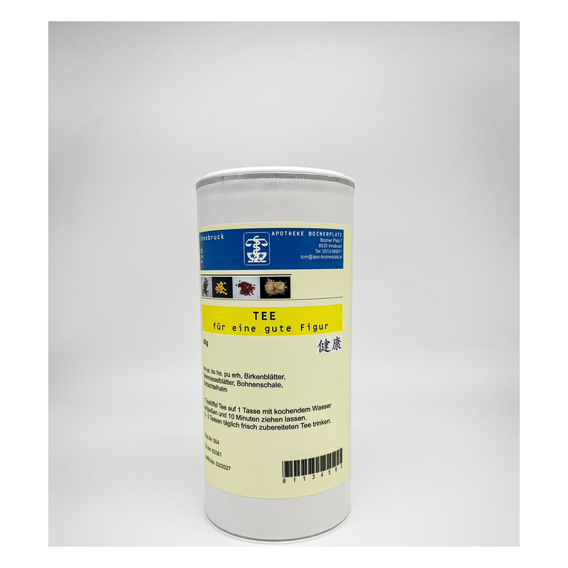 Runde Teedose mit Aufschrift zur Zubereitung von Kräutertee für eine gute Figur.