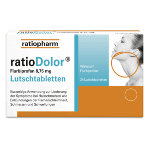 Verpackung von ratioDolor Flurbiprofen Lutschtabletten zur Linderung von Halsschmerzen, blau-orange Design mit Bild einer Person.