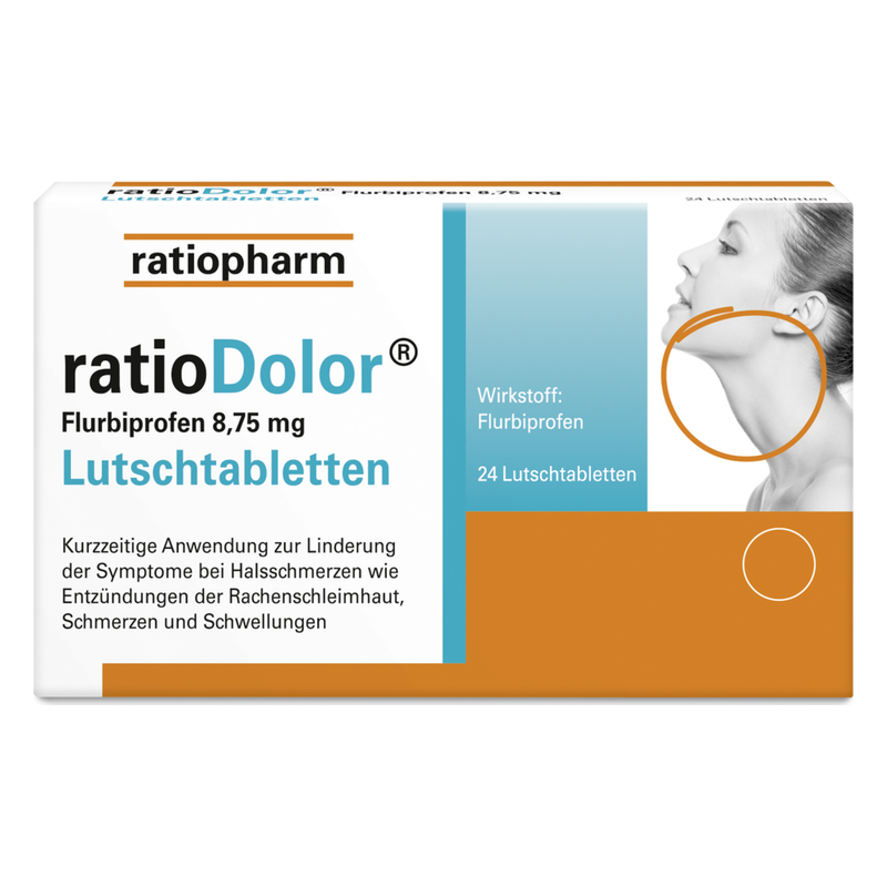 Verpackung von ratioDolor Flurbiprofen Lutschtabletten zur Linderung von Halsschmerzen, blau-orange Design mit Bild einer Person.