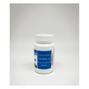 Weißer Flasche mit blauer Etikette, die Vitamin E Kapseln enthält, auf neutralem Hintergrund.