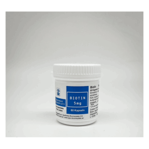 Weißes Plastikgefäß mit blauem Aufdruck, enthält 60 Kapseln Biotin à 5 mg.