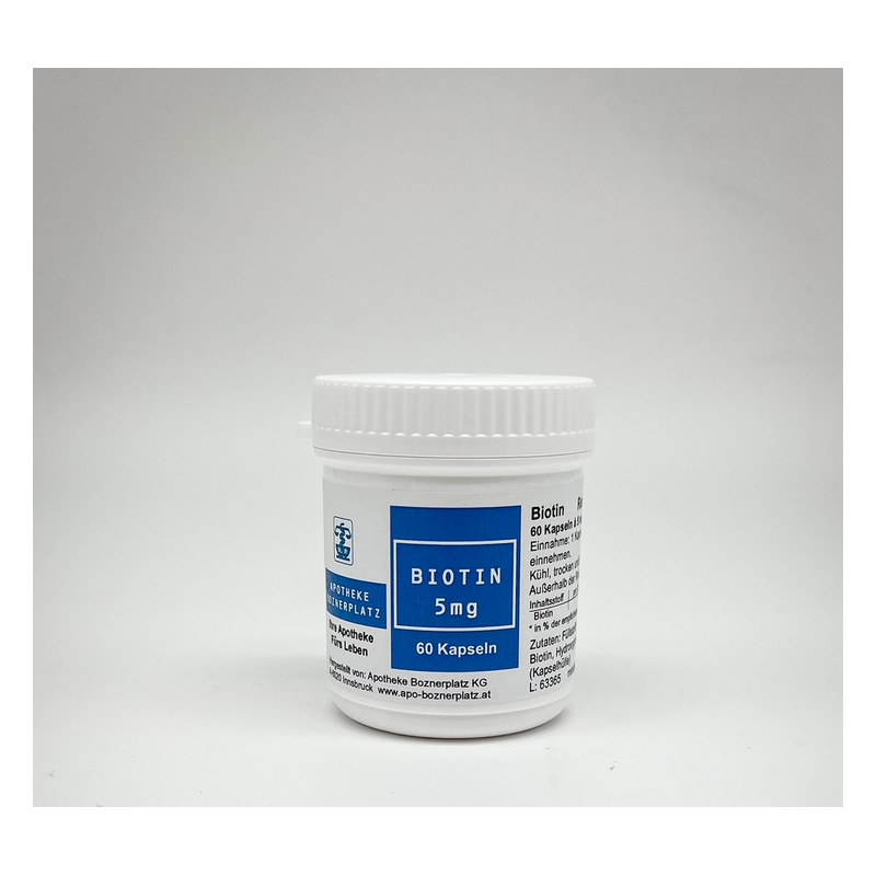 Weißes Plastikgefäß mit blauem Aufdruck, enthält 60 Kapseln Biotin à 5 mg.