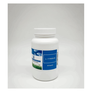 Eine weiße Kapselbehälter mit Deckel und blauer Etikettierung, beschriftet mit "L-Tyrosin" und 90 Kapseln.