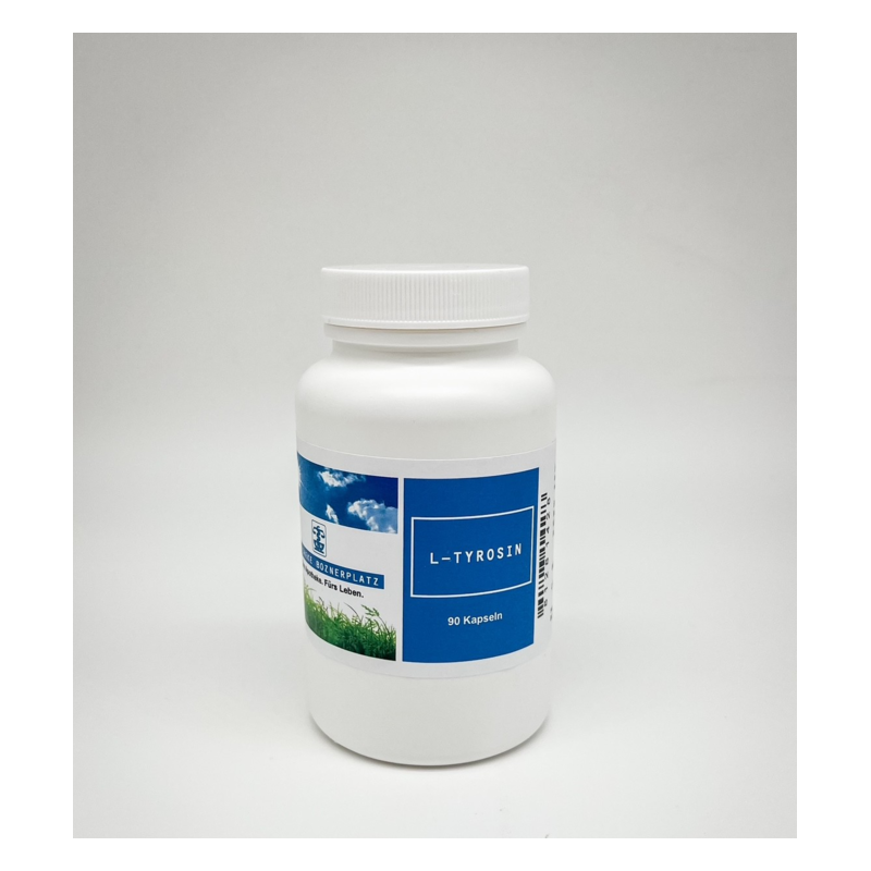 Eine weiße Kapselbehälter mit Deckel und blauer Etikettierung, beschriftet mit "L-Tyrosin" und 90 Kapseln.