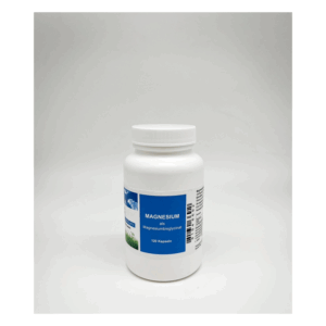 Behälter mit Magnesium in Kapseln, beschriftet mit Angaben zum Inhalt und der Dosierung.