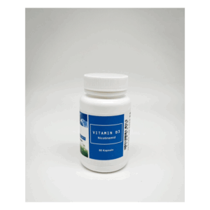Weißes Fläschchen mit blauer Etikettierung, enthält Vitamin B3 in Kapselform, 60 Kapseln pro Packung.