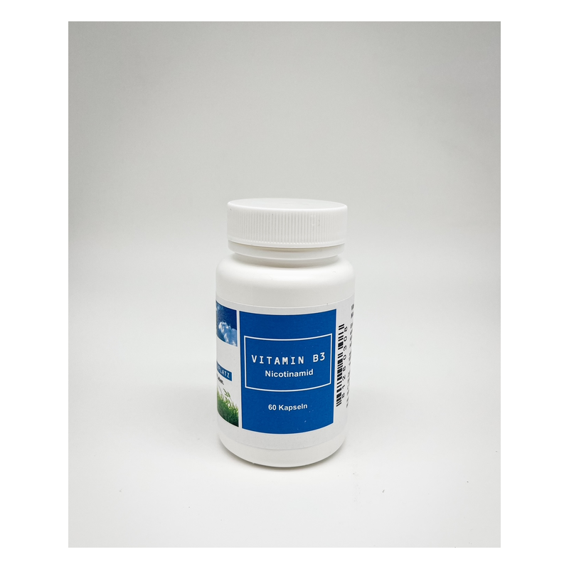 Weißes Fläschchen mit blauer Etikettierung, enthält Vitamin B3 in Kapselform, 60 Kapseln pro Packung.