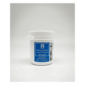 Weißes Behältnis mit blauer Etikettierung, das reduzierte Glutathion-Kapseln enthält.