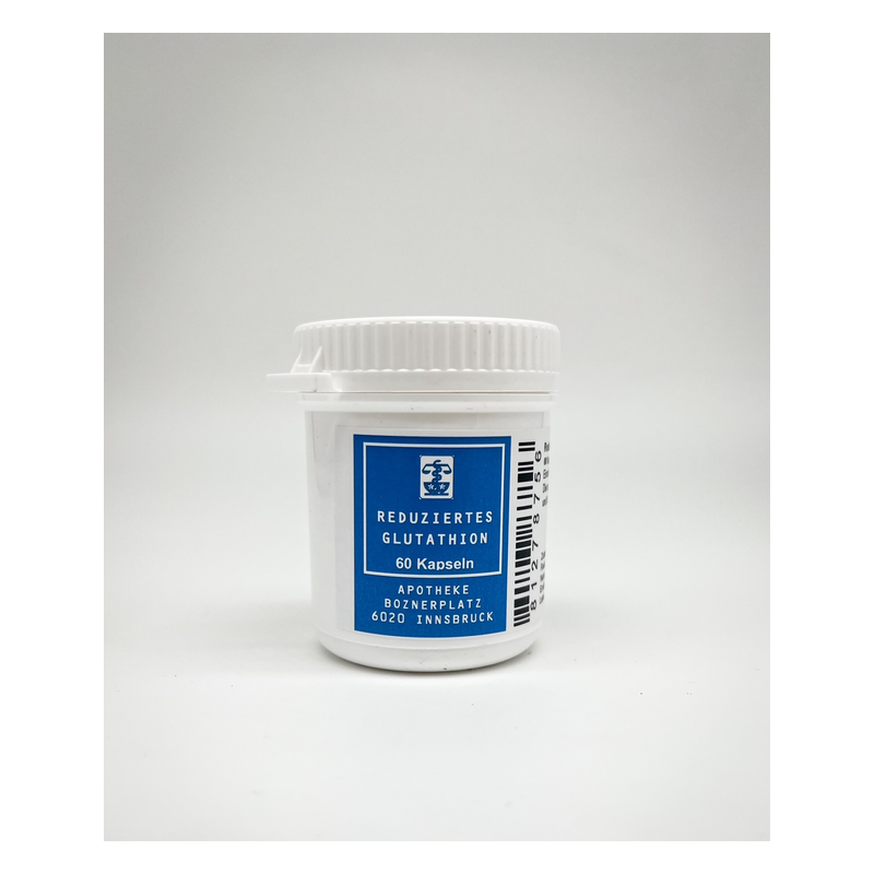 Weißes Behältnis mit blauer Etikettierung, das reduzierte Glutathion-Kapseln enthält.