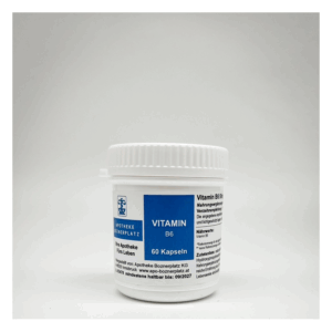 Weißes Plastikgefäß mit blauer Etikettierung, enthält 60 Kapseln Vitamin B6, verpackt mit einem Schraubdeckel.