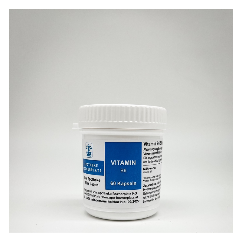 Weißes Plastikgefäß mit blauer Etikettierung, enthält 60 Kapseln Vitamin B6, verpackt mit einem Schraubdeckel.