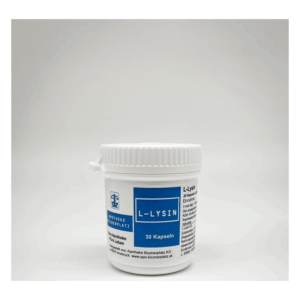 Weißer Plastikbehälter mit Schraubverschluss, beschriftet mit 'L-Lysin' und Angaben zu Inhalt und Hersteller.