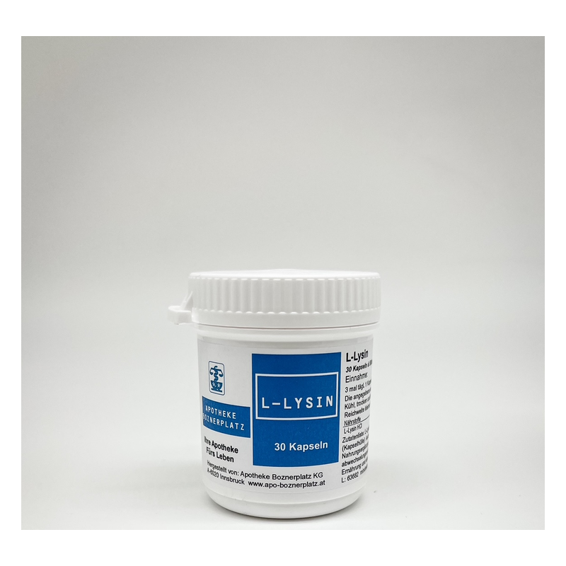 Weißer Plastikbehälter mit Schraubverschluss, beschriftet mit 'L-Lysin' und Angaben zu Inhalt und Hersteller.