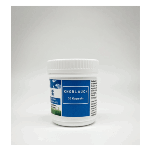 Weißes Kunststoffgefäß mit blauem Etikett, enthält Knoblauchkapseln, 30 Stück.