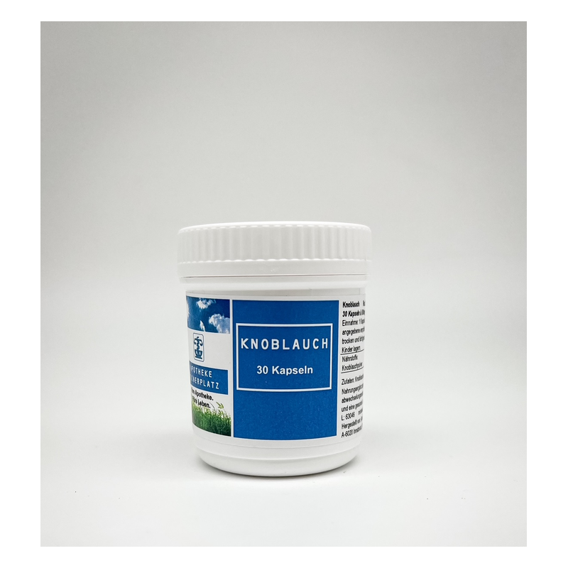 Weißes Kunststoffgefäß mit blauem Etikett, enthält Knoblauchkapseln, 30 Stück.