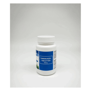 Weißer Tablettenbehälter mit blauem Etikett für Yamswurzel-Tabletten, 500 mg.