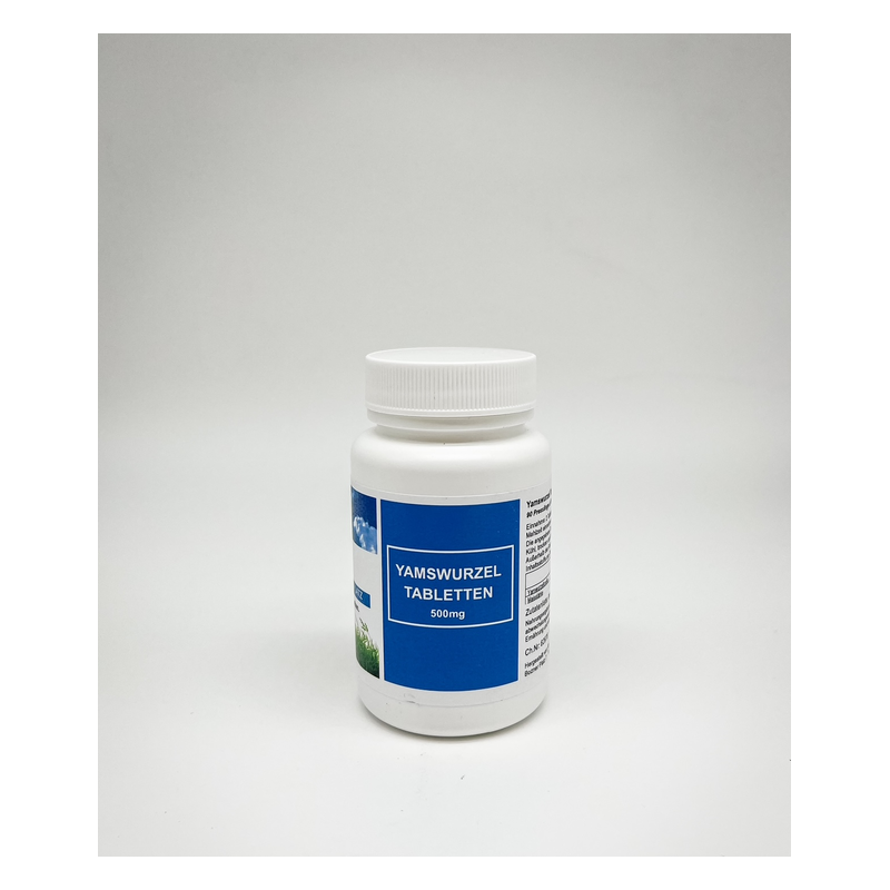 Weißer Tablettenbehälter mit blauem Etikett für Yamswurzel-Tabletten, 500 mg.