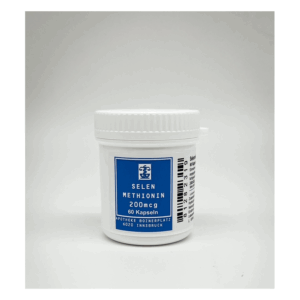 Weißes Behältnis mit blauer Etikettierung, enthält Selen Methionin in Kapselform.