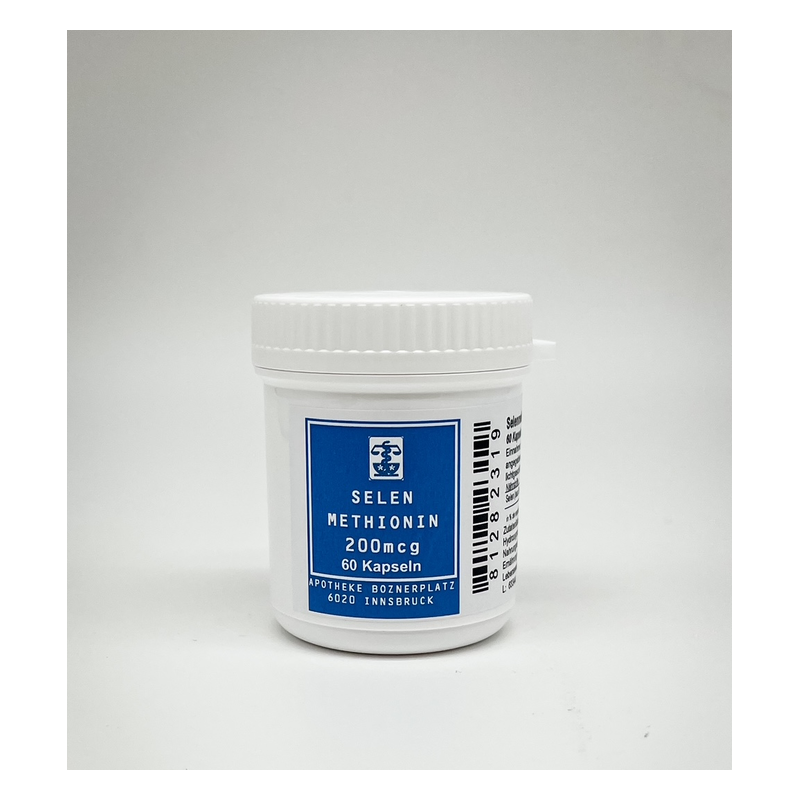 Weißes Behältnis mit blauer Etikettierung, enthält Selen Methionin in Kapselform.