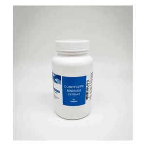 Weißes Fläschchen mit blauer Etikette, das Cordyceps Sinensis Extrakt in Kapselform enthält.