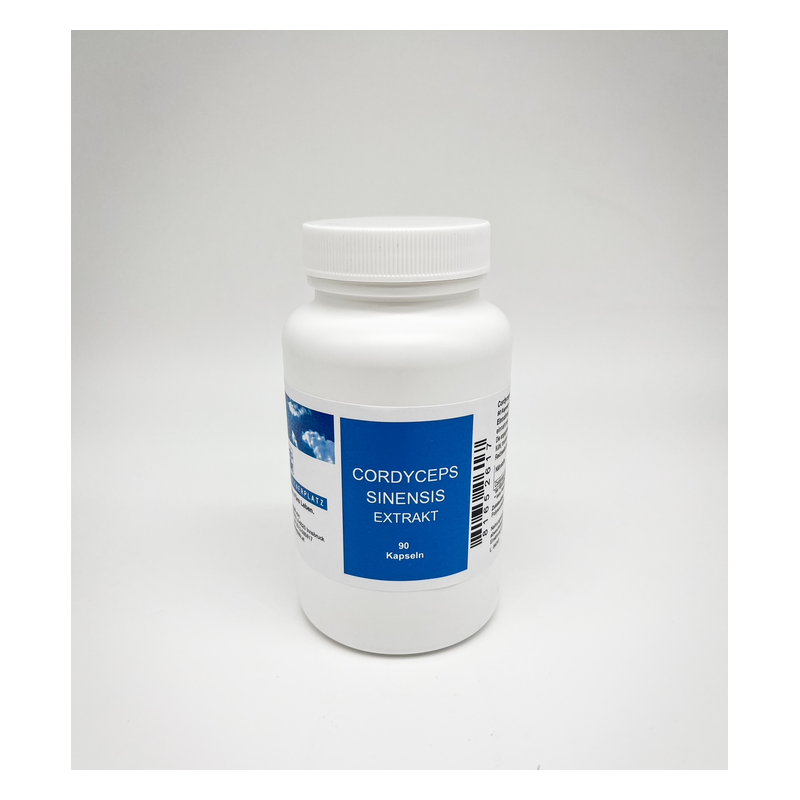 Weißes Fläschchen mit blauer Etikette, das Cordyceps Sinensis Extrakt in Kapselform enthält.