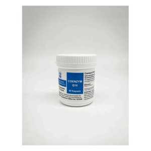 Weißes Glasgefäß mit Deckel, beschriftet mit "Coenzym Q10" und Hinweisen zu Inhaltsstoffen und Anwendung.