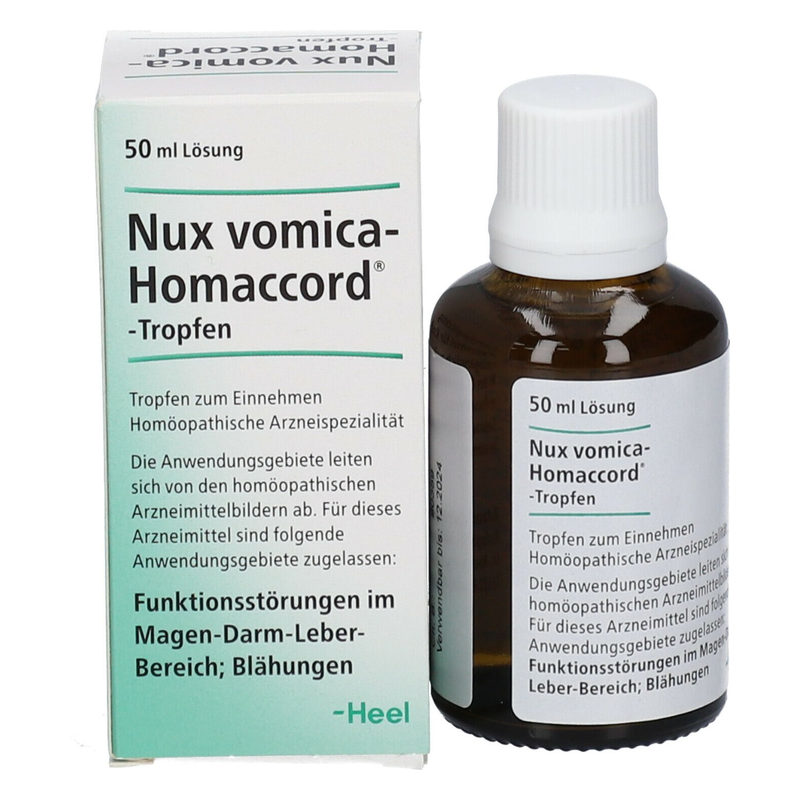 Braune Flasche mit Tropfverschluss für Nux vomica-Homaccord, homöopathische Tropfen, 50 ml, verpackt in einem kartonierten Behälter.