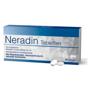 Packung mit Neradin Tabletten zur Behandlung sexueller Schwächen, enthält 40 homöopathische Tabletten.