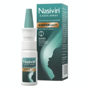 Nasivin Nasenspray für Kinder, 0,025%, in einer weißen Flasche mit grünem Sprühkopf und passender Verpackung.