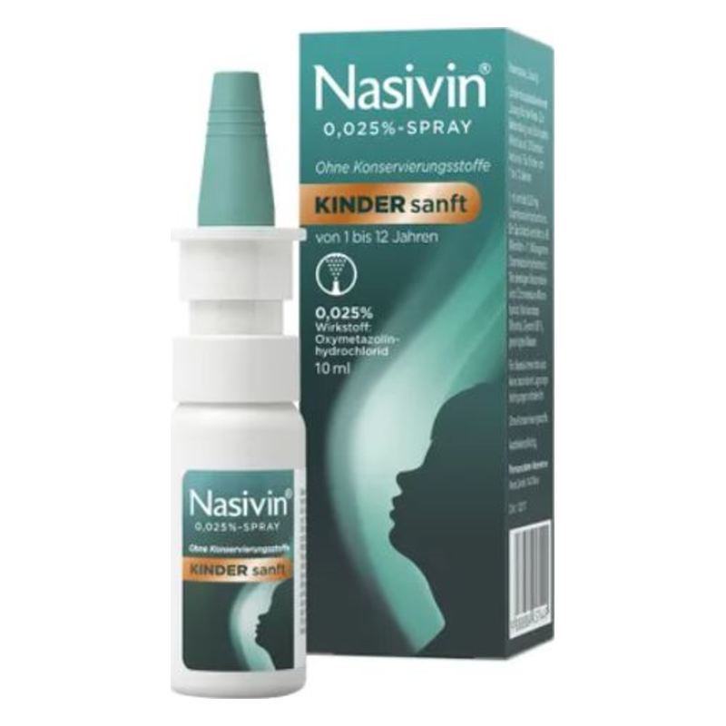 Nasivin Nasenspray für Kinder, 0,025%, in einer weißen Flasche mit grünem Sprühkopf und passender Verpackung.
