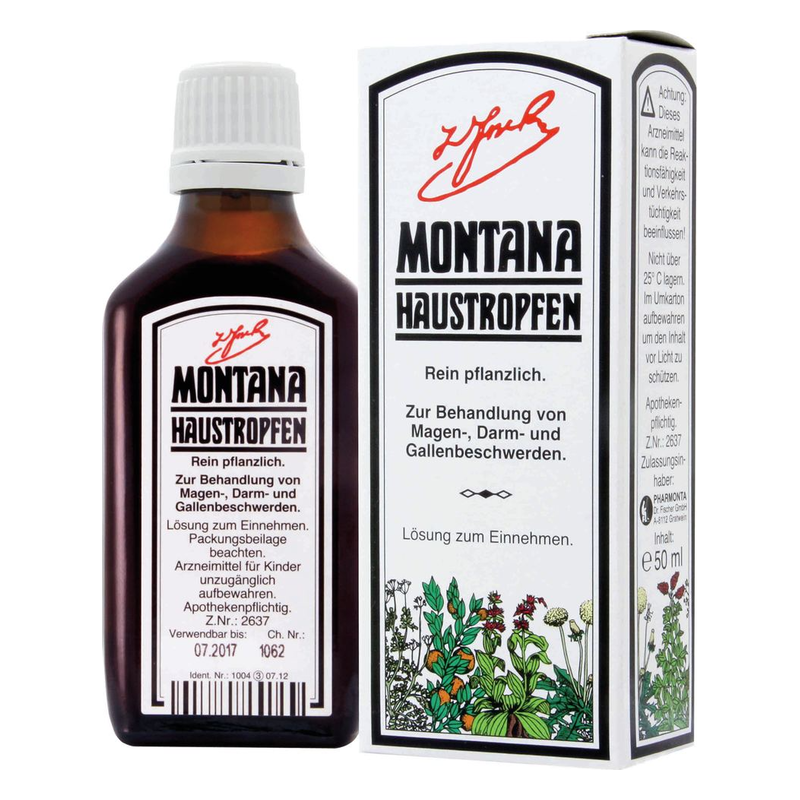Eine braune Flasche mit Montana Haustropfen und einer weißen Verpackung, die pflanzliche Inhaltsstoffe beschreibt.