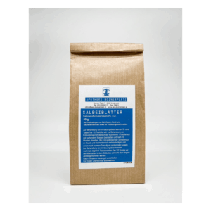 Braune Papiertüte mit Aufdruck "SALBEIBLÄTTER", enthält 50 g Salbei zur Behandlung von Entzündungen.