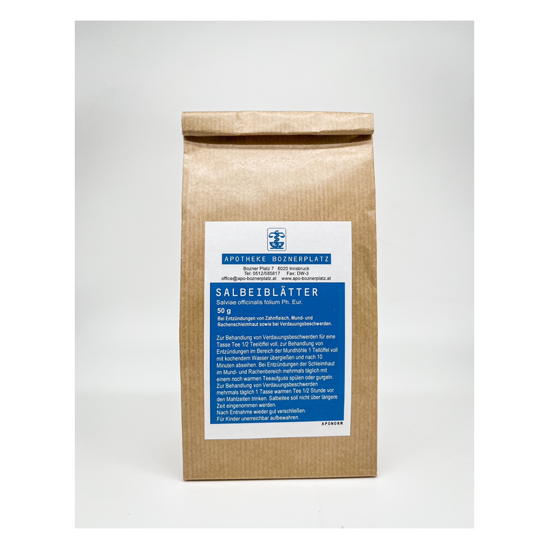 Braune Papiertüte mit Aufdruck "SALBEIBLÄTTER", enthält 50 g Salbei zur Behandlung von Entzündungen.