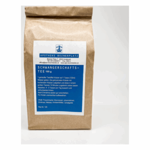 Papiertüte mit Schwangeren-Tee, beschrieben mit Zubereitungshinweisen und Inhaltsstoffen, blaue Etikette.