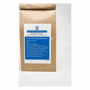 Papiertüte mit Aufkleber, enthält Schafgarbenkraut, Anwendungshinweise auf blauem Hintergrund.