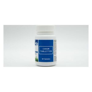 Weißes Fläschchen mit einer blauen Etikette, beschriftet mit 'Chrom Tabletten', enthält Nahrungsergänzungsmittel.