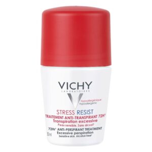 Roll-on Antitranspirant von Vichy mit rotem Deckel und weißem Flakon, für empfindliche Haut und 72 Stunden Schutz.