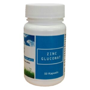 Weißer Kunststoffbehälter mit blauer Etikette, Beschriftung "ZINC GLUCONAT" und "50 Kapseln" auf der Vorderseite.