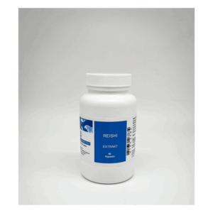 Weiße Flasche mit blauem Etikett, enthält Reishi-Extrakt in Kapselform.
