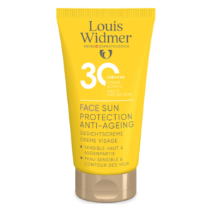 Sonnenschutzcreme für das Gesicht mit Anti-Aging-Effekt in einer gelben Tube, Anbieter: Louis Widmer.