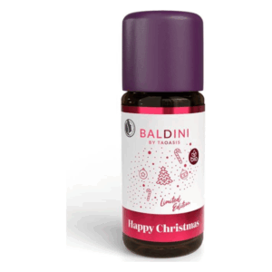 Flasche mit ätherischem Öl "Happy Christmas" in limitierter Edition von Baldini, dekoriert mit Weihnachtsmotiven.