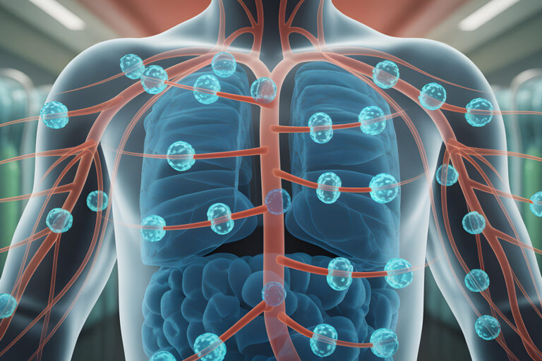 Darstellung des menschlichen Körpers mit hervorgehobenen Atemwegen, Blutgefäßen und Zellen in blau und rot.